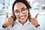 Optometry, thumbs up and face of woman with glasses for vision, eye care and health in shop. Eyewear, wellness portrait or happy female from South Africa with hand gesture for success, approval or ok