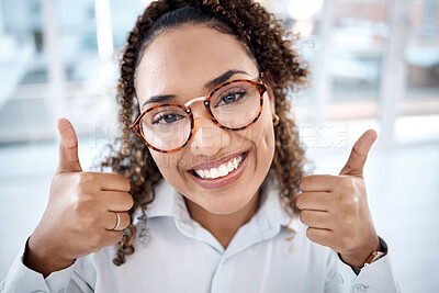 Buy stock photo Optometry, thumbs up and face of woman with glasses for vision, eye care and health in shop. Eyewear, wellness portrait or happy female from South Africa with hand gesture for success, approval or ok
