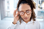 Tired, glasses and headache with black woman and eye strain for fatigue, exhausted and vision disability. Medical, healthcare and pain with girl and pressure for anxiety, stress and prescription