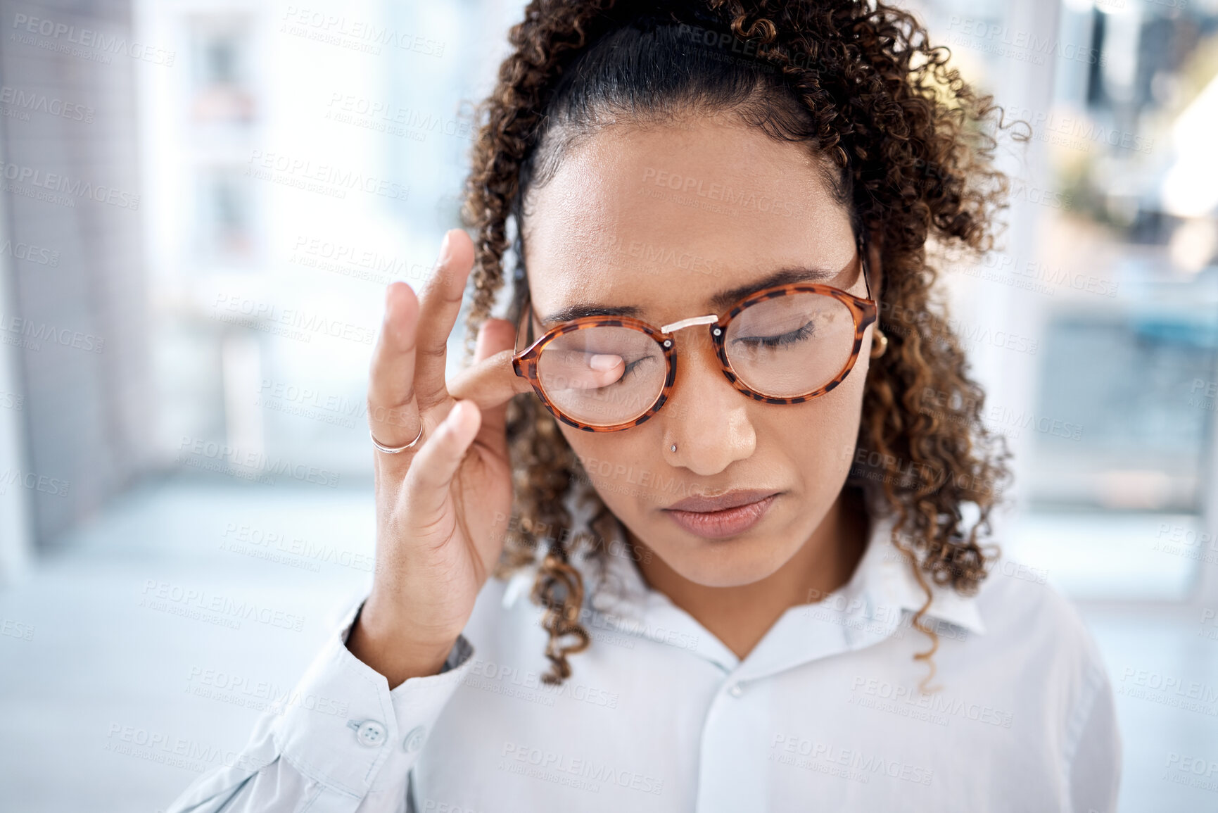 Buy stock photo Tired, glasses and headache with black woman and eye strain for fatigue, exhausted and vision disability. Medical, healthcare and pain with girl and pressure for anxiety, stress and prescription