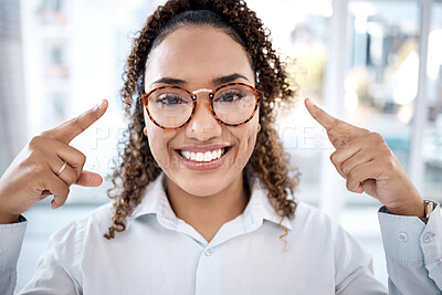 Buy stock photo Black woman, face and glasses for eye care, vision and designer frame, prescription lens and optometry. Portrait, fashion eyewear and ophthalmology, health for eyes for wellness and happy with choice