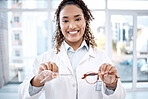 Eye care, portrait and black woman, glasses choice and optometrist, healthcare for eyes with doctor and vision. Prescription lens, designer frame and eyewear decision, health insurance and optometry