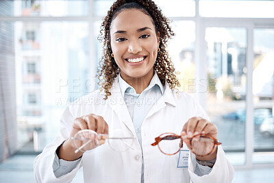 Buy stock photo Eye care, portrait and black woman, glasses choice and optometrist, healthcare for eyes with doctor and vision. Prescription lens, designer frame and eyewear decision, health insurance and optometry