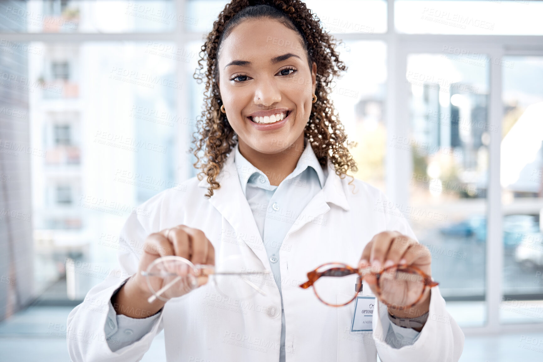 Buy stock photo Eye care, portrait and black woman, glasses choice and optometrist, healthcare for eyes with doctor and vision. Prescription lens, designer frame and eyewear decision, health insurance and optometry