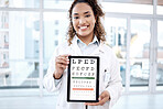 Portrait, eye chart and doctor with tablet in hospital for vision examination in clinic. Healthcare, snellen and medical ophthalmologist or woman holding technology with text or letters for eyes test