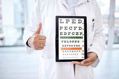 Buy stock photo Hands thumbs up, tablet screen and eye chart in hospital for vision examination in clinic. Healthcare, snellen technology or woman, optometrist or doctor with thumbsup emoji and letters for eyes test