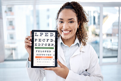 Buy stock photo Eye chart, portrait and doctor with tablet in hospital for vision examination in clinic. Healthcare, snellen touchscreen and optometrist or woman holding technology with text or letters for eyes test