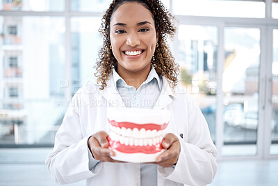 Buy stock photo Teeth model, healthcare and portrait of dentist for dental wellness, tooth whitening and oral care. Dentistry, medical clinic and orthodontist smile with mold for mouth hygiene, surgery and braces