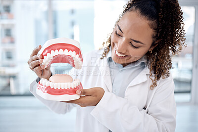 Buy stock photo Dentist, oral and dental hygiene professional artificial mouth or model in her office for a demonstration of whitening. Dentures, jaw and healthcare worker or expert holding teeth smile and happy