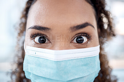 Buy stock photo Healthcare portrait, mask and eyes of dentist for medical care, dental consultation and wellness. Safety, dentistry and face of woman orthodontist for teeth whitening, oral surgery and gum hygiene