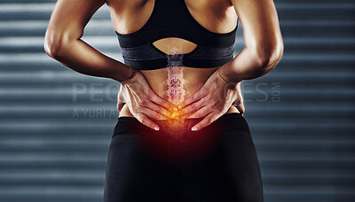 Buy stock photo Woman with back pain, sport injury and fitness, spine x ray and anatomy with red overlay, medical problem and health. Healthcare emergency, inflammation and muscle tension with exercise in gym