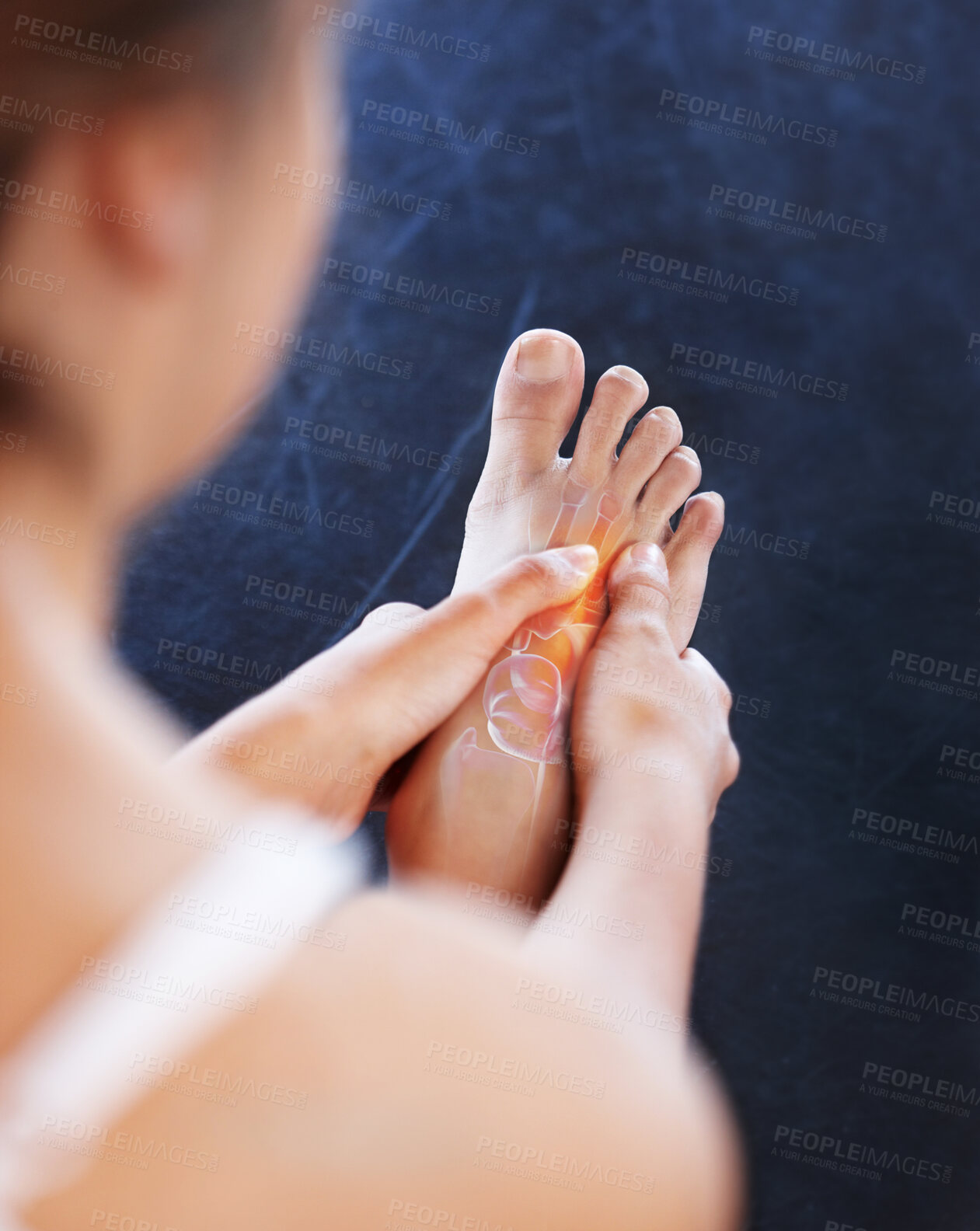 Buy stock photo Foot pain, dance injury and ballet feet strain from fitness, workout and exercise in a gym. Massage, pilates and athlete  accident from stretching or dancer training massaging inflammation with hands