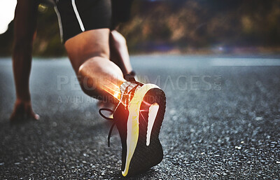 Buy stock photo Start, race and legs of a man running on a street for fitness, cardio and exercise in Brazil. Sports, training and athlete runner ready for a competition, marathon or sport workout on the road