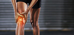 Knee injury, red muscle and man exercise with medical pain, body strain and sports emergency. Legs, wound and fitness accident from workout, arthritis and skeleton anatomy for orthopedic first aid