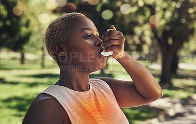 Buy stock photo Nature, fitness and woman with asthma pump after an intense running workout or training in park. Healthcare, sports inhaler and African female with respiratory problem after cardio exercise in field.