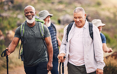 Buy stock photo Hiking, nature and group of old men on mountain for fitness, trekking and backpacking adventure. Explorer, discovery and expedition with senior friends walking for health, retirement and journey