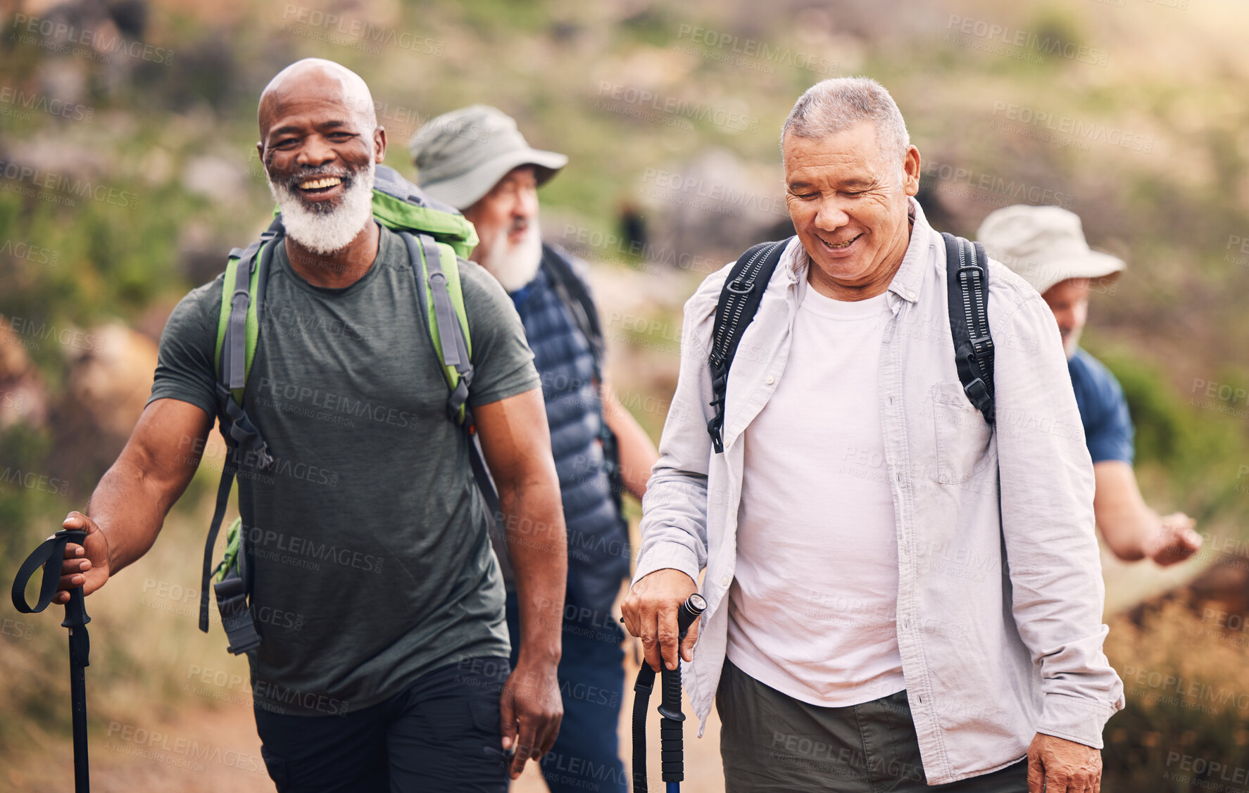Buy stock photo Hiking, nature and group of old men on mountain for fitness, trekking and backpacking adventure. Explorer, discovery and expedition with senior friends walking for health, retirement and journey
