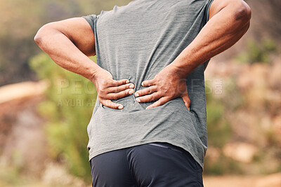 Buy stock photo Man with back pain, sport injury and outdoor hiking, spine and health, muscle tension and fitness in nature. Medical emergency, exercise accident and active lifestyle, inflammation with fibromyalgia