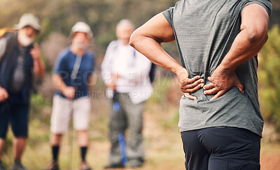 Buy stock photo Man with back pain, exercise injury and outdoor hiking, spine and health, muscle tension and fitness in nature. Medical emergency, mockup space and active lifestyle, inflammation with fibromyalgia