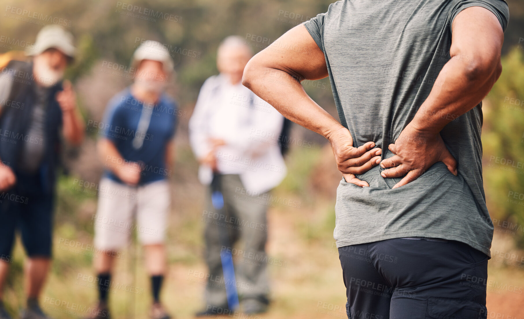 Buy stock photo Man with back pain, exercise injury and outdoor hiking, spine and health, muscle tension and fitness in nature. Medical emergency, mockup space and active lifestyle, inflammation with fibromyalgia