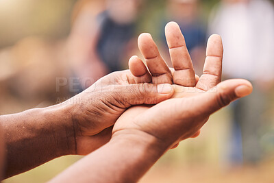 Buy stock photo Hand, injury and senior man with mockup for arthritis, inflammation and fracture on blurred background. Hands, pain and elderly guy with injured palm outdoors, osteoporosis or wrist strain on space