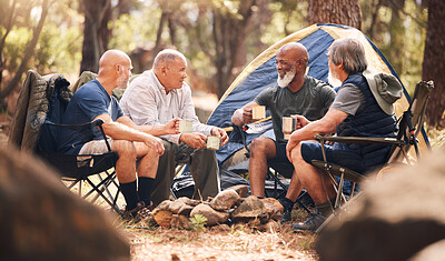 Buy stock photo Man, friends and camping in nature for holiday travel, getaway or summer vacation together by tent in forest. Group of elderly men relaxing on camp chairs with drink and enjoying day in the outdoors