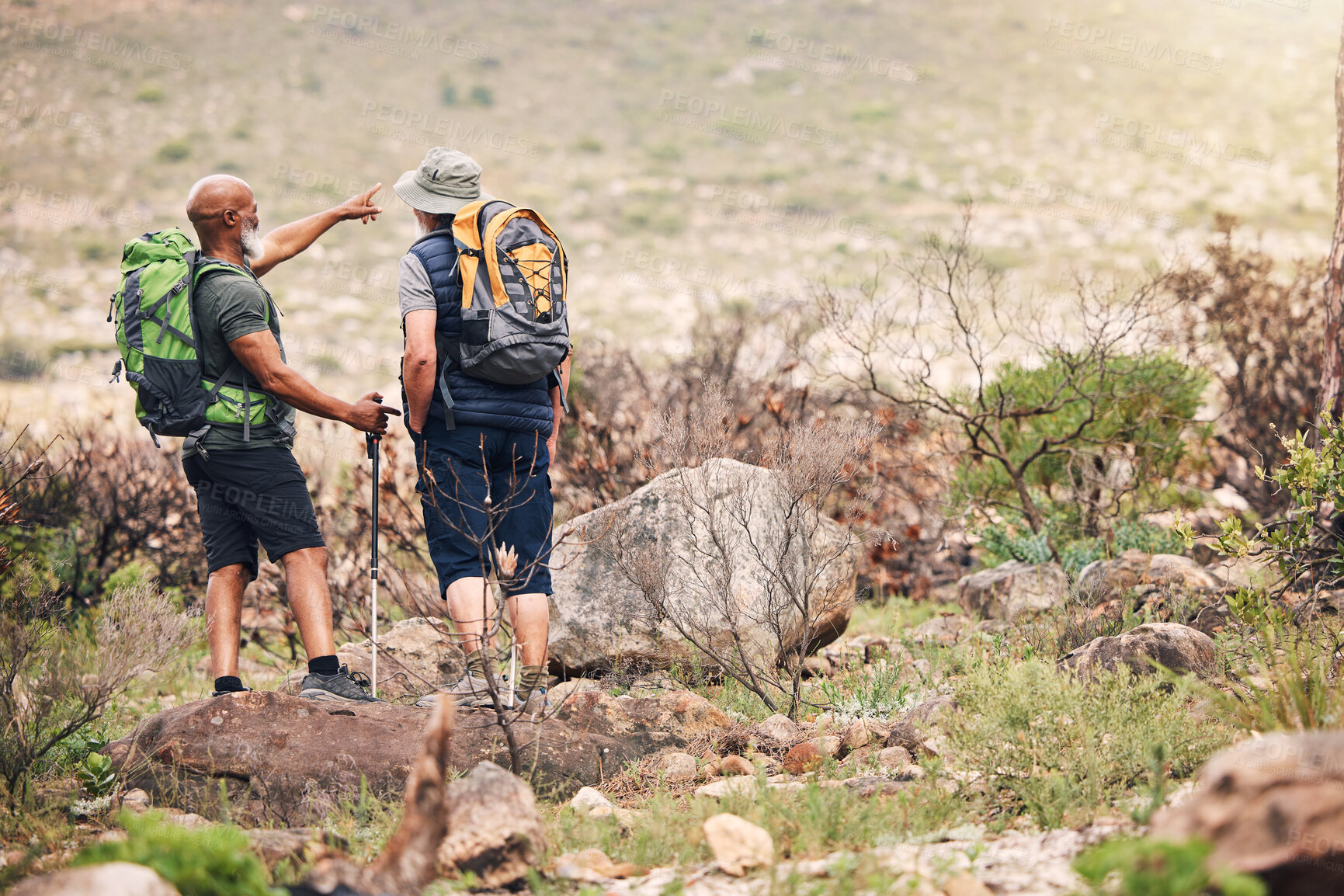 Buy stock photo People, friends and hiking on mountain pointing with backpack for travel, adventure or trekking in nature. Hiker men with stick standing on rock together for traveling trail or backpacking outdoors