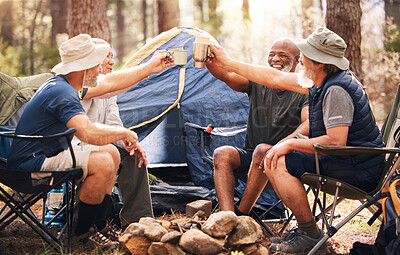 Buy stock photo Man, friends and camping with cheers to coffee in nature for travel, adventure or summer getaway on chairs by tent in forest. Group of men relaxing and drinking in celebration for outdoor camp