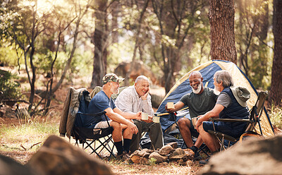 Buy stock photo Man, friends and camping in nature laughing for funny joke, meme or conversation by tent in forest. Group of elderly men relaxing on camp chairs with drink enjoying sunny day together in the woods