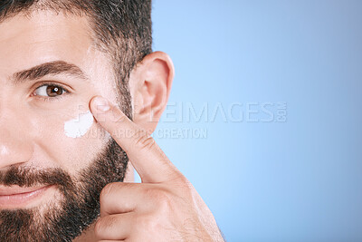 Buy stock photo Face, cream and man with skincare mockup, sunscreen and beauty of clean dermatology on studio background. Male model, portrait and facial lotion for body care cosmetics, wellness or aesthetic mock up