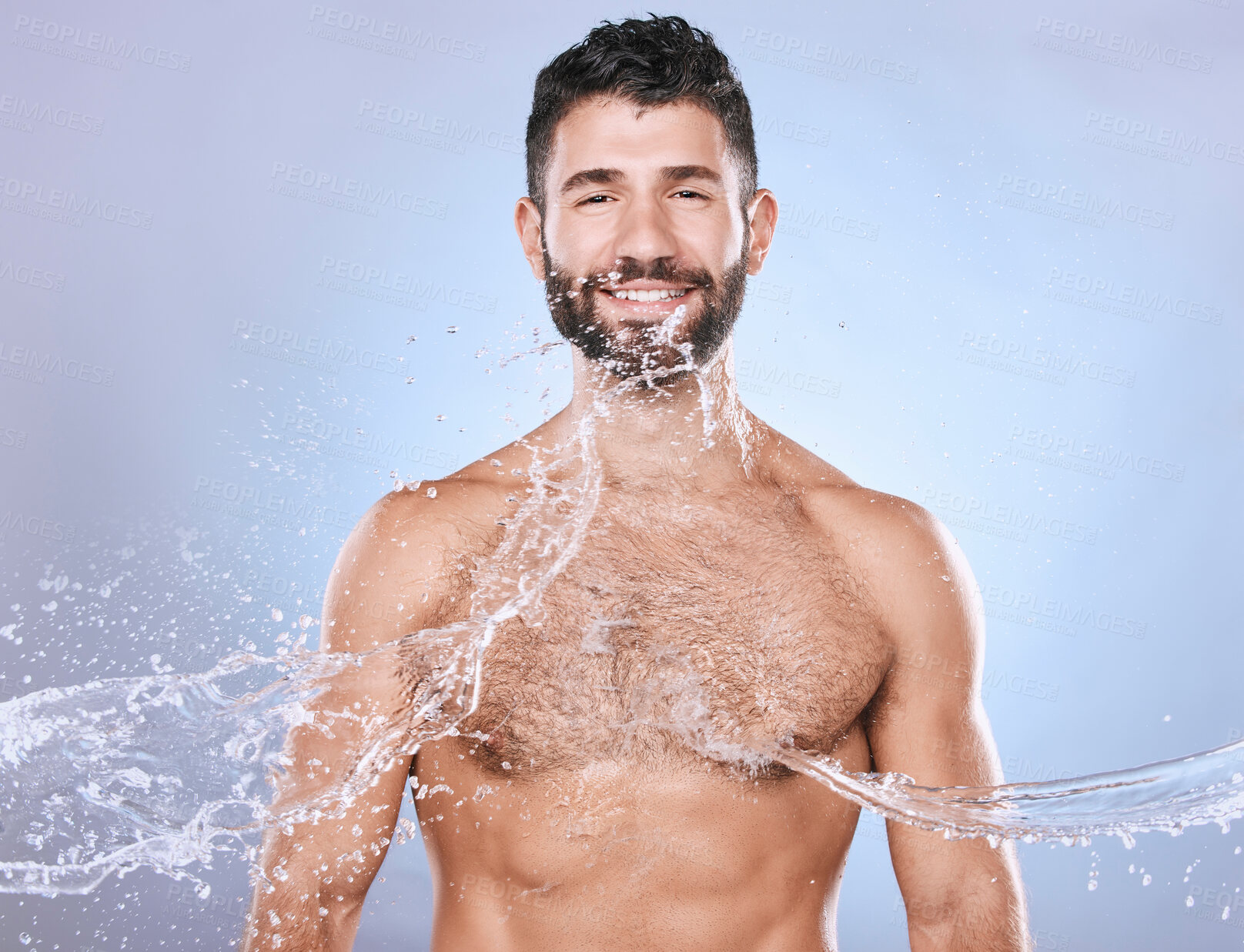 Buy stock photo Skin care, face and water splash man portrait for clean facial for beauty hygiene and dermatology. Aesthetic model person on blue background for health and wellness cosmetics, body and detox mockup