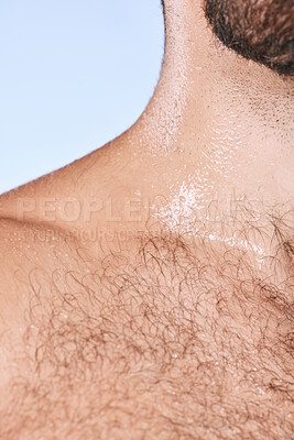 Buy stock photo Water drops, wet torso and closeup man in shower for cleaning, care and wellness on background. Beauty, human body and hairy chest in studio for washing, grooming and hygiene cosmetics for skincare 