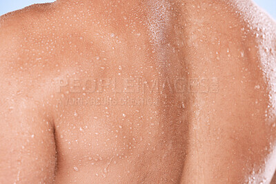 Buy stock photo Man closeup, back and water drops for shower, fitness and skincare hygiene for cosmetics, health and dermatology. Shoulder, body zoom and person with workout, exercise or sports muscle training sweat