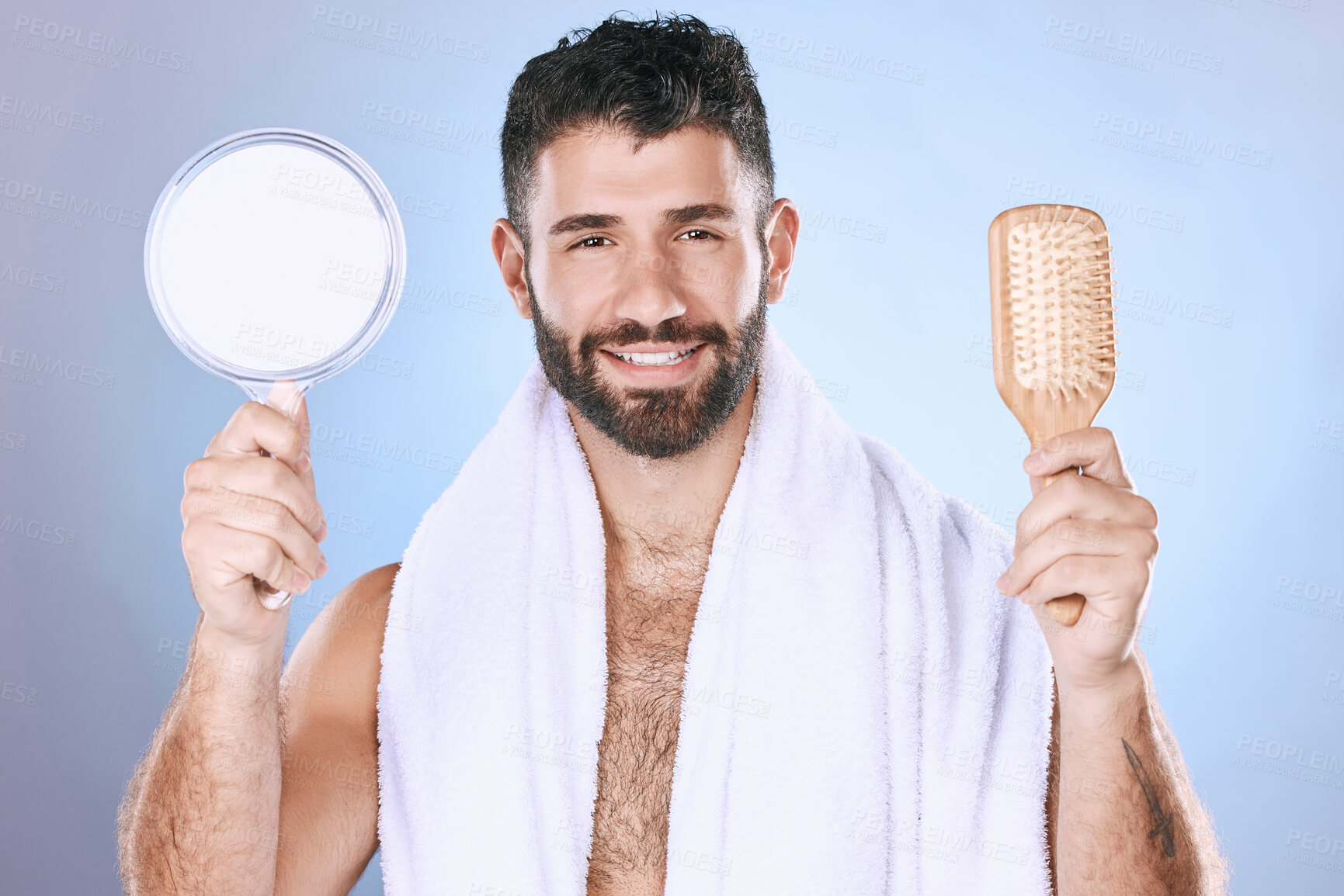 Buy stock photo Portrait, hair and mirror by man in studio for styling, treatment and product advertising on gradient background. Face, haircare and male model relax for brushing, hairstyle or grooming and isolated