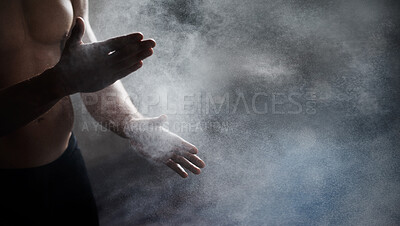 Buy stock photo Magnesium, chalk and bodybuilder hands preparing for a workout or weight training at the gym. Fitness, talc and male athlete getting ready for bodybuilding exercise in sports center with mockup space