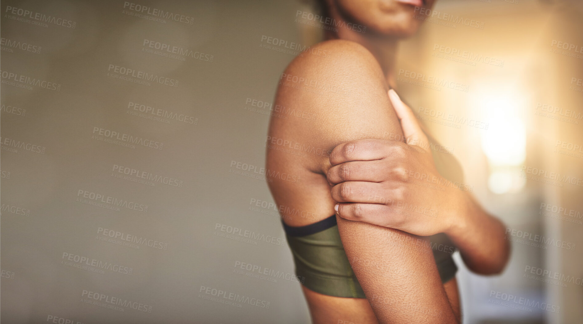 Buy stock photo Mockup, exercise and black woman with shoulder pain, muscle strain and fitness with tension, accident and injury. African American female, lady and athlete with ache and inflammation after training