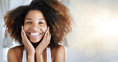 Buy stock photo Black woman, beauty portrait and skincare by mockup space, smile or happy for cosmetic beauty by blurred background. African gen z girl, skin health or natural glow aesthetic for self care in mock up