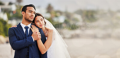 Buy stock photo Wedding, bride and groom hug with love, care and thinking outdoor with mockup space. Bridal couple, marriage and romance with calm support, trust and peace from partner, commitment vision and relax