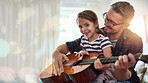 Guitar lesson, girl portrait and musician father at home ready for music teaching and development. Musical knowledge, house and child studying instrument notes with happiness and a smile from parent