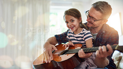 Buy stock photo Guitar lesson, girl portrait and musician father at home ready for music teaching and development. Musical knowledge, house and child studying instrument notes with happiness and a smile from parent