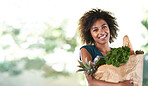 Black woman, grocery shopping and mockup portrait with space, blurred background and happy for discount. African customer girl, vegetables and fruit in mock up with smile, excited and retail sale