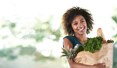 Buy stock photo Black woman, grocery shopping and mockup portrait with space, blurred background and happy for discount. African customer girl, vegetables and fruit in mock up with smile, excited and retail sale