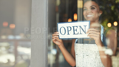 Buy stock photo Small business, open sign and woman in cafe window for welcome, advertising and coffee shop promotion. Manager startup owner and excited and happy entrepreneur with opening poster for restaurant