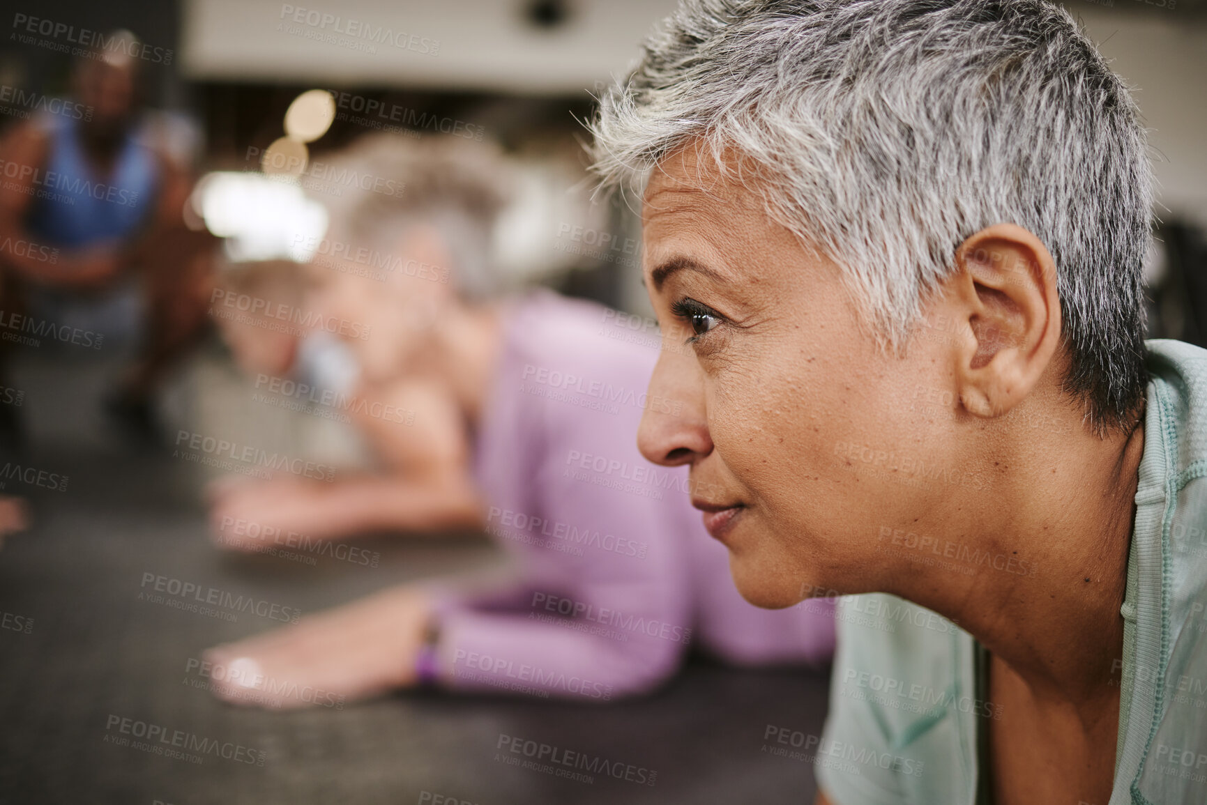 Buy stock photo Face, elderly woman with yoga and fitness in gym, profile with retirement and health, wellness and pilates. Focus, exercise and healthy lifestyle with mockup space, active and vitality with workout