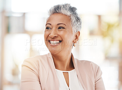 Buy stock photo Business, old woman and manager with smile, thinking and ideas for new project, startup and opportunity. Corporate, female leader and entrepreneur with happiness, confidence and growth with mockup