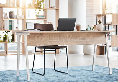 Buy stock photo Interior design, furniture and laptop in workspace, room and desk for professional aesthetic, productivity or goal. Home office, table and computer in workplace, house or apartment for working on web