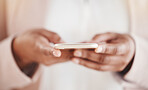 Search, phone and communication with hands of woman for social media, networking and digital marketing. Email, internet and technology with employee and online news for website, planning and contact