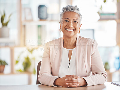 Buy stock photo Leadership, portrait and business woman in her office sitting at a desk of a corporate company. Happy, career and face of confident professional senior female executive ceo with a smile in workplace.