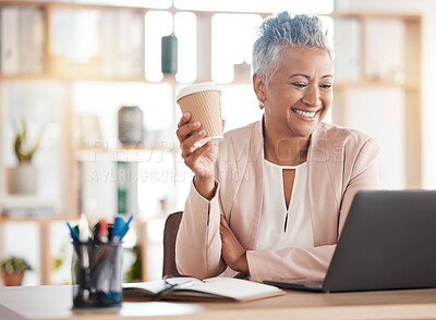 Buy stock photo Happy, accountant or senior woman on laptop video call for financial strategy, networking or virtual assistance. Finance, smile or advisor for success stock market, invest budget or mortgage planning