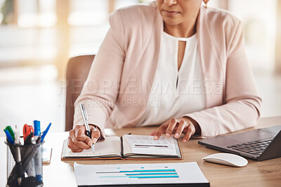 Buy stock photo Hands, accountant or woman writing in notebook for financial strategy, tax or audit review for company growth in office. Finance or advisor for stock market, investment budget or mortgage planning